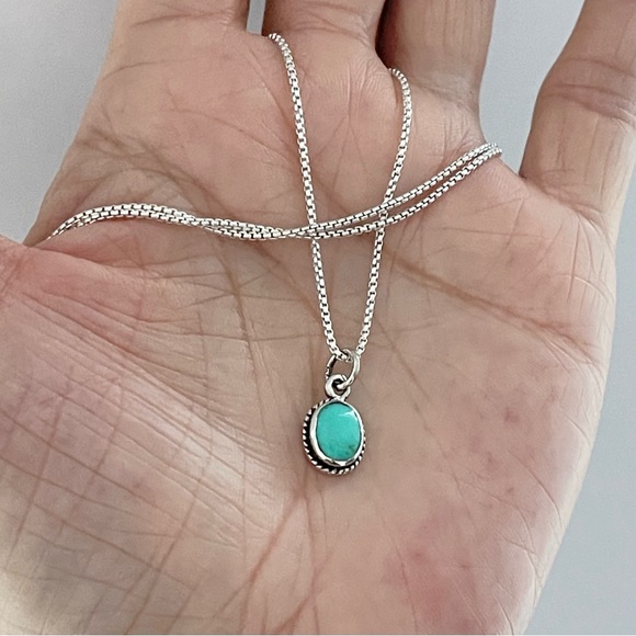 Sterling Silver Small Dainty Oval Synthetic Turquoise Necklace, Silver Necklace - Picture 6 of 10